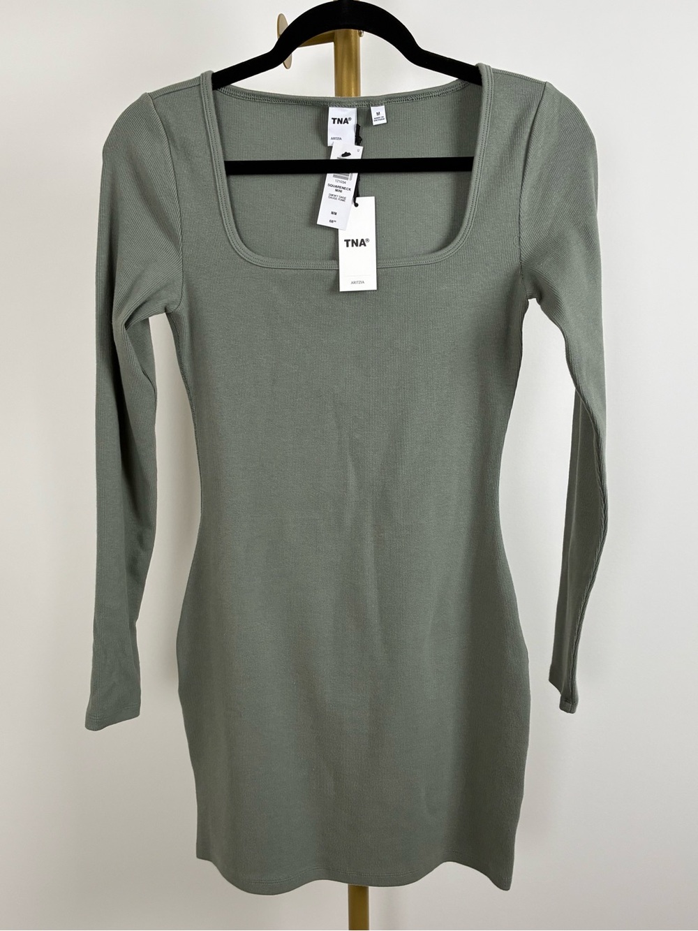 TNA Sage Green Long Sleeve Square Neck Knit Dress